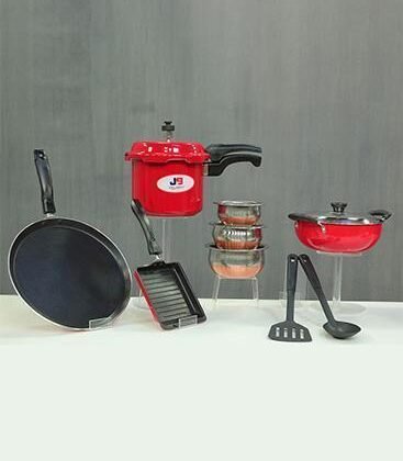 9 Pcs Colored Non Stick Cookware Set & Pressure Cooker Combo Color - Red