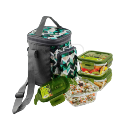 Home Puff Borosilicate Glass Lunch Box/Tiffin Box With Square Microwavable, Premium, Airvent Green Lid With Bag, 3 pcs