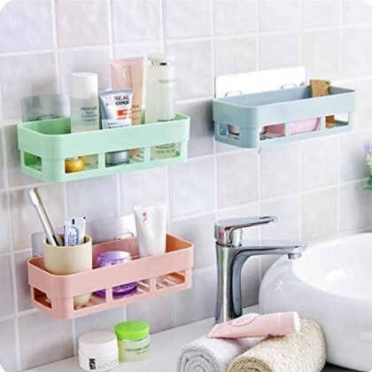 Casa Azul Wall Mount Adhesive Bathroom Shelf Storage Organizer Reusable Rack Basket Storage Organizer for Bathroom Kitchen (Pack of 1) - Multicolour