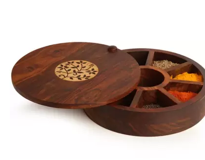 The Advitya The Advitya Wooden Round Spice Box Set for Kitchen Masala Multipurpose Masala Dabba Design in Sheesham Wood (7 Partitions) 1 Piece Spice Set (Wooden)