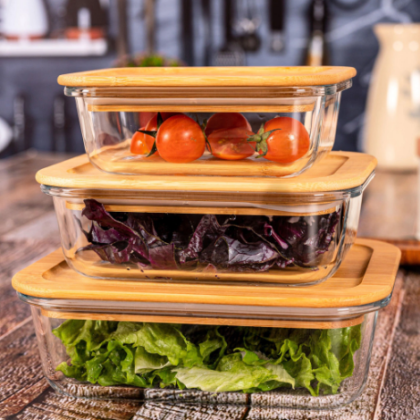GOODHOMES Set Of 3 Glass Storage Box With Airtight Wooden Lid