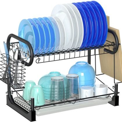 Dish Drying Rack, Packism 2 Tier Dish Rack with Utensil Holder, Cutting Board Holder and Dish Drainer for Kitchen Counter Top Racks of Dishes, Black