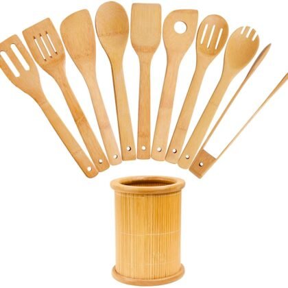 Wooden Spoons Cooking Utensils Set - 9 Pieces Bamboo Spatulas Tong and 1 Holder, Heat Resistant for Non Stick Cookware