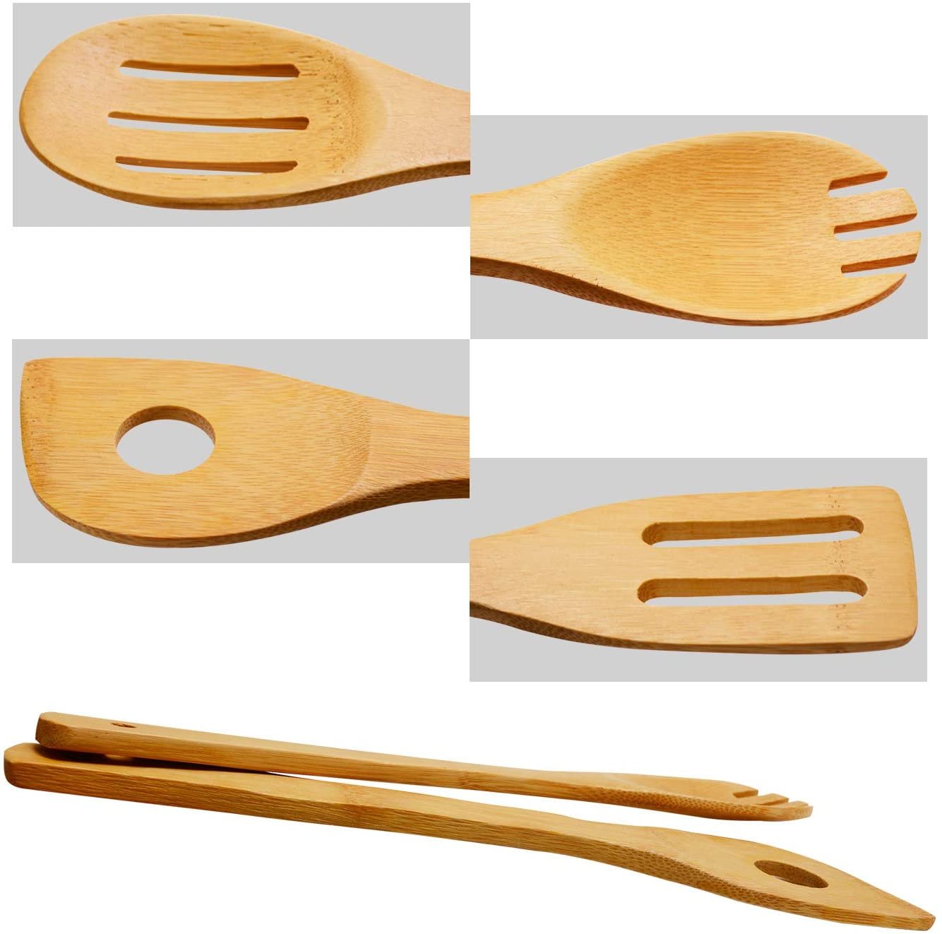 Wooden Spoons Cooking Utensils Set - 9 Pieces Bamboo Spatulas Tong and 1 Holder, Heat Resistant for Non Stick Cookware - Image 3