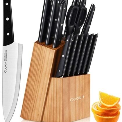Sets with Block, 15-Piece Kitchen Knife Set with Sharpener, Germany Stainless Steel Knife Block Set and Serrated Steak Knives