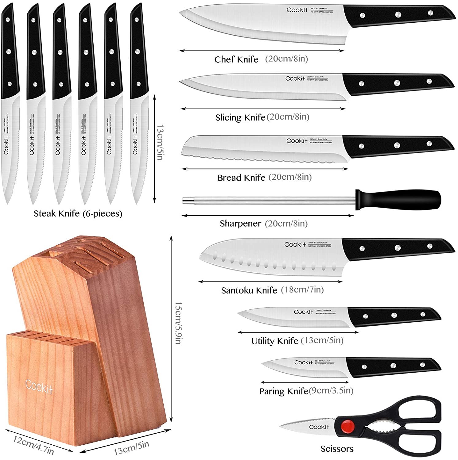 Sets with Block, 15-Piece Kitchen Knife Set with Sharpener, Germany Stainless Steel Knife Block Set and Serrated Steak Knives - Image 3