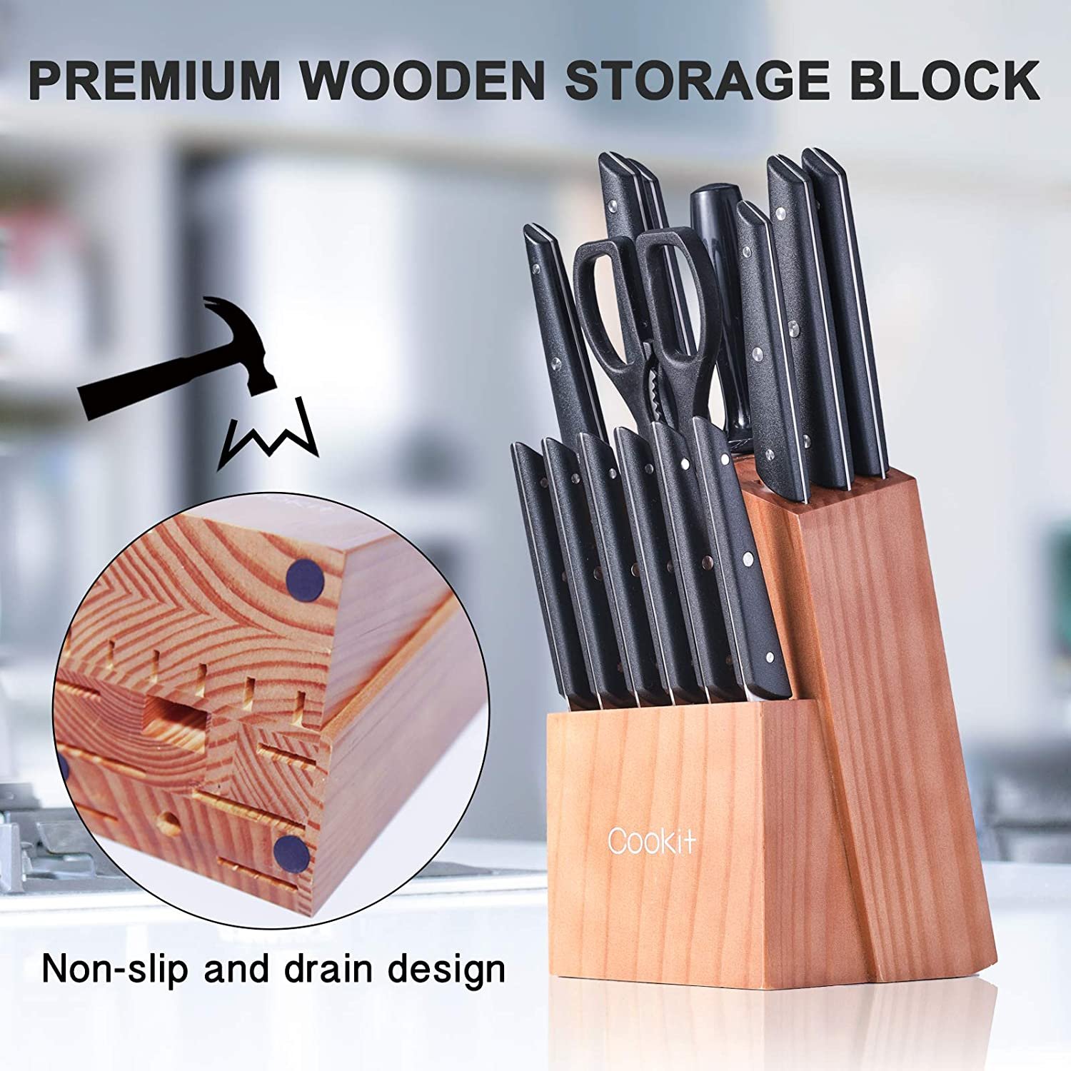Sets with Block, 15-Piece Kitchen Knife Set with Sharpener, Germany Stainless Steel Knife Block Set and Serrated Steak Knives - Image 4