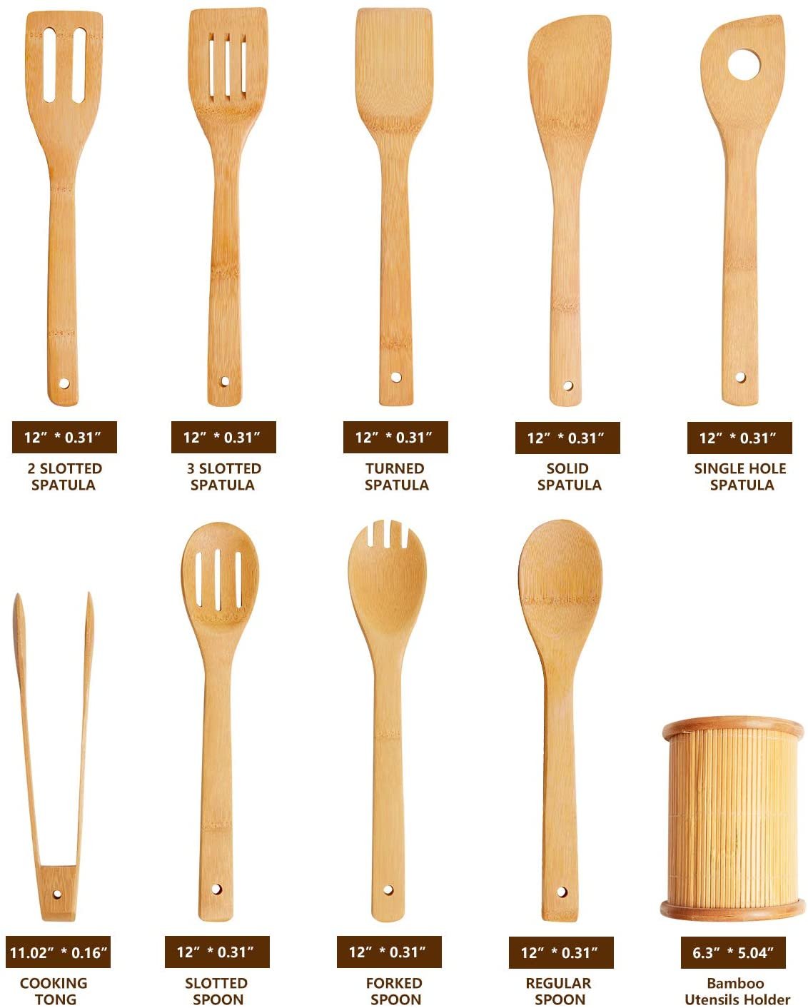 Wooden Spoons Cooking Utensils Set - 9 Pieces Bamboo Spatulas Tong and 1 Holder, Heat Resistant for Non Stick Cookware - Image 2