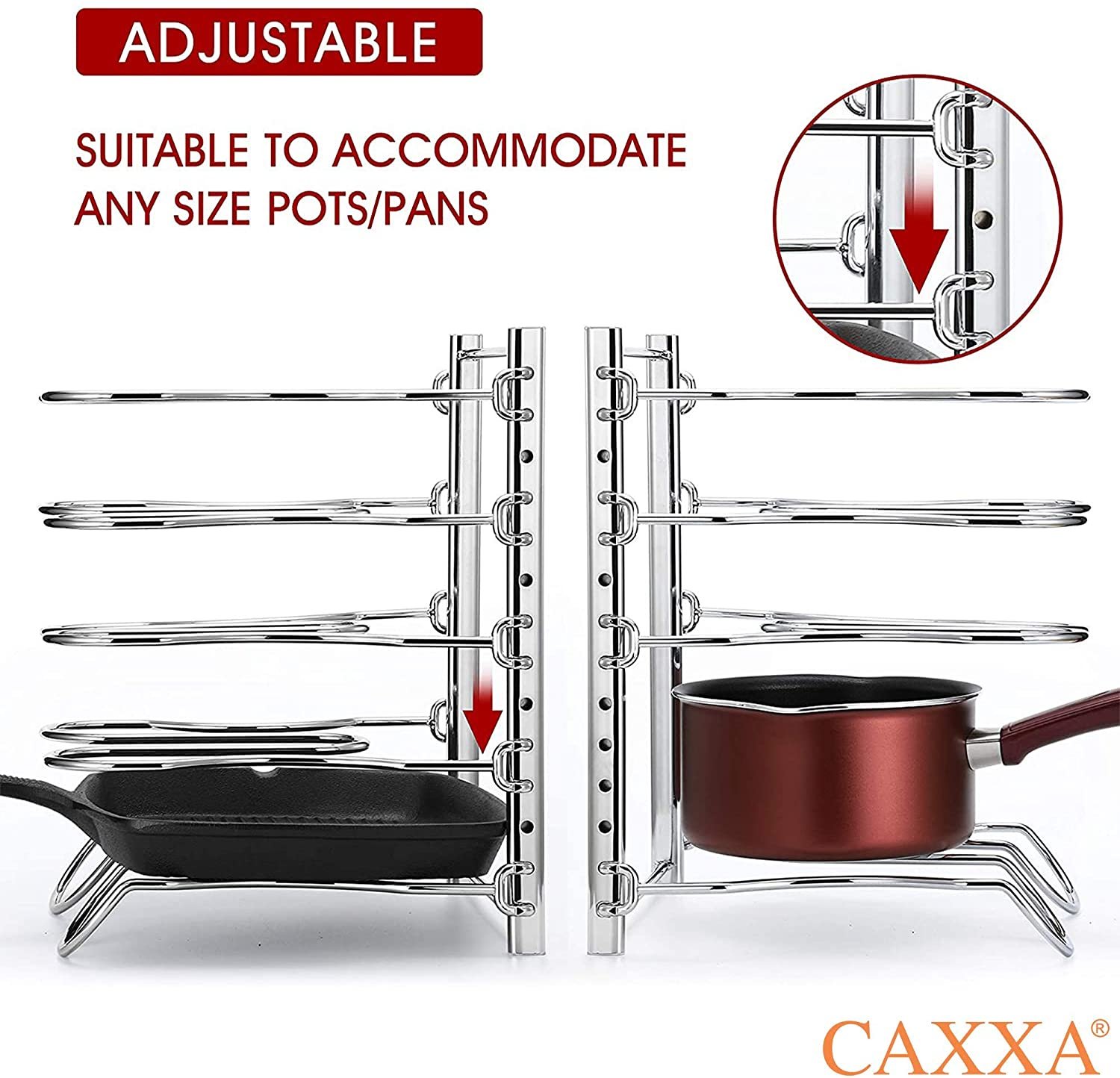 CAXXA Heavy Duty Pan Rack, Pot Lid Rack, Kitchen Cabinet Pantry Cookware Organizer Rack Holder | 5 Adjustable Dividers, Chrome - Image 5
