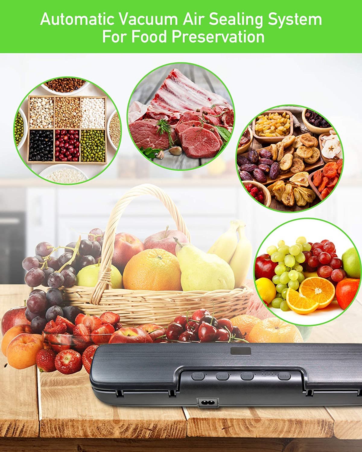 Vacuum Sealer Machine with 15 Vacuum Bags, Compact Automatic Sealer Machine with Dry & Moist Food Modes for Kitchen Food Preservation - Image 3