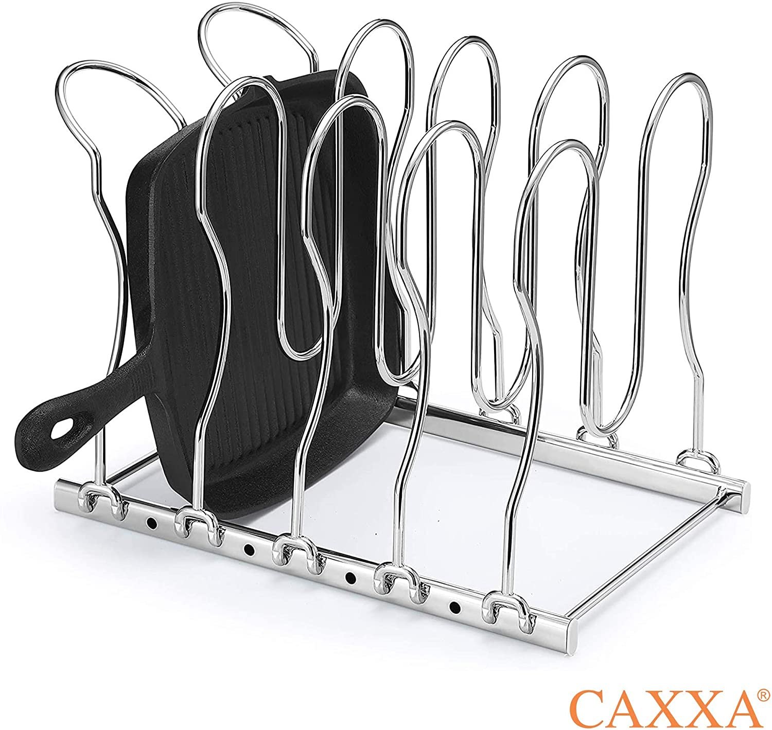 CAXXA Heavy Duty Pan Rack, Pot Lid Rack, Kitchen Cabinet Pantry Cookware Organizer Rack Holder | 5 Adjustable Dividers, Chrome - Image 3