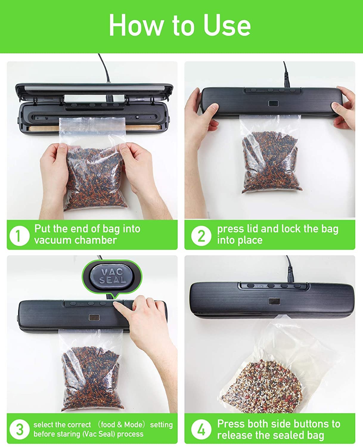 Vacuum Sealer Machine with 15 Vacuum Bags, Compact Automatic Sealer Machine with Dry & Moist Food Modes for Kitchen Food Preservation - Image 7