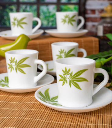 Laopala White & Lime Green 12 Pcs Printed Opalware Cups and Saucers Set