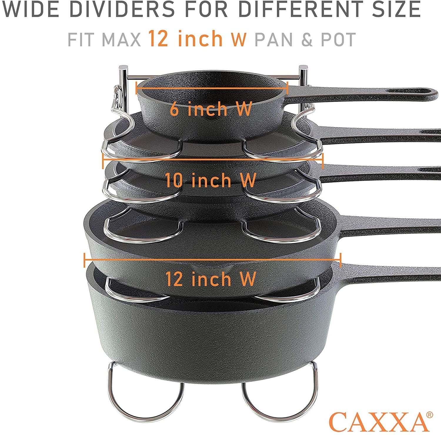 CAXXA Heavy Duty Pan Rack, Pot Lid Rack, Kitchen Cabinet Pantry Cookware Organizer Rack Holder | 5 Adjustable Dividers, Chrome - Image 6