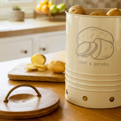 egg shell metal potato storage bin with wooden lid