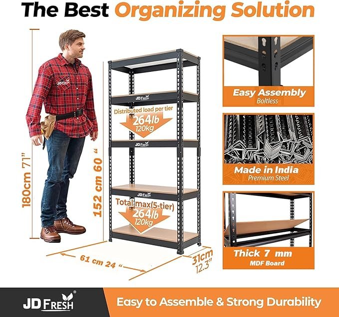 JD FRESH 5 Tier Shelf Iron Rack for Storage, Metal Rack Shelves for Storage, Foldable Steel Shelf Rack for Storage Multipurpose, Storage Rack, Metal Racks and Shelves-5 Rack - Image 6