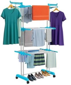 Foldable Cloth Drying Stand Stainless Steel – 3 Tier Heavy-Duty Clothes Dryer for Balcony (Blue)