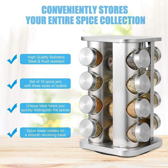 TRAY Spice Rack,16-Jar Revolving Countertop Spice Tower - Image 3